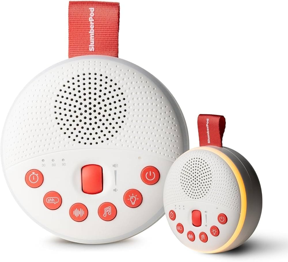 SlumberPod SlumberCalm product shot one extra large, one from side angle with night light on and glowing a nice amber color