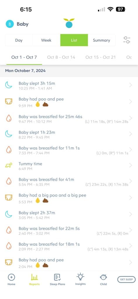 Huckleberry App tracking of summary view