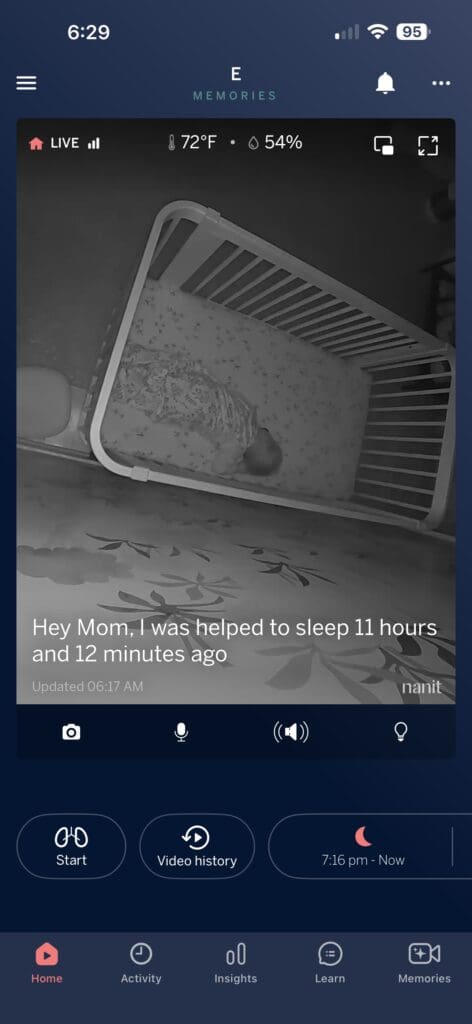 Nanit App Showing Baby Night Sleep Time Main Interface