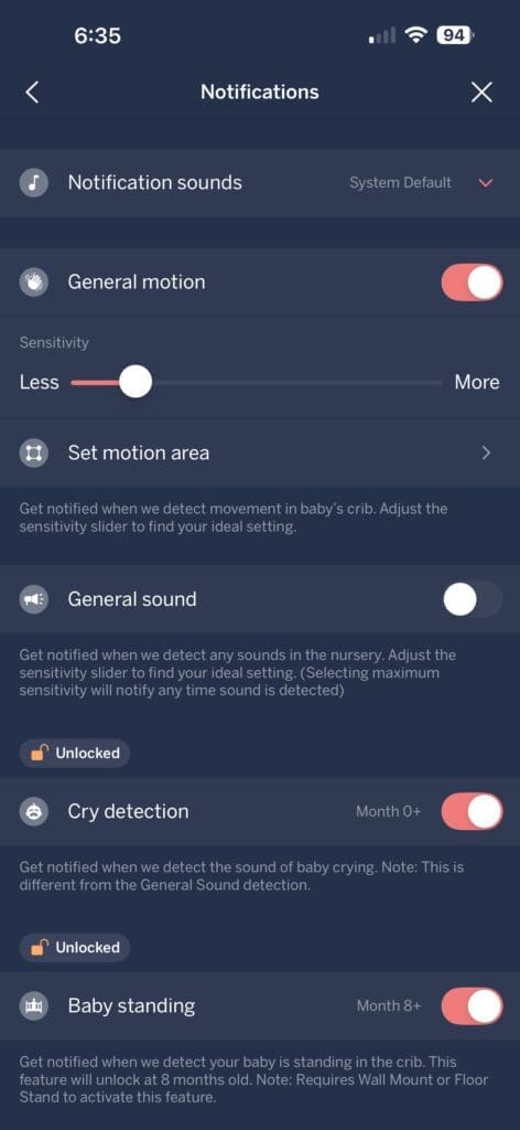 Nanit App notifications settings options UI