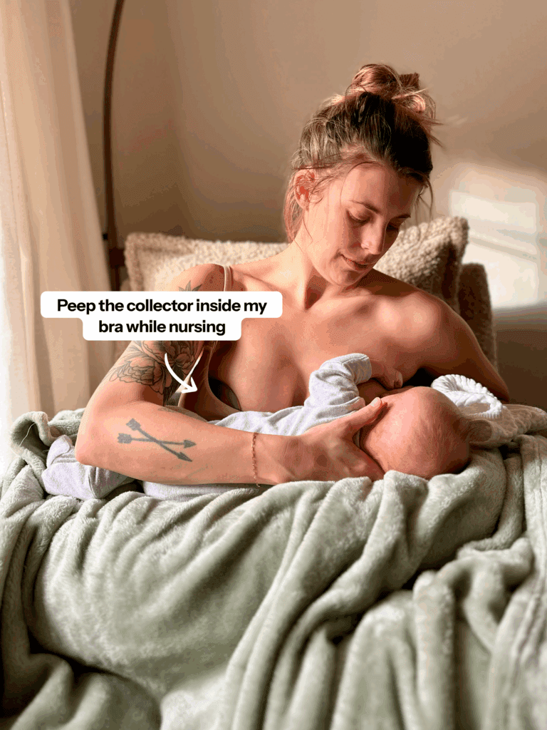 Mother nursing infant with a small view of a silicon milk collector in bra