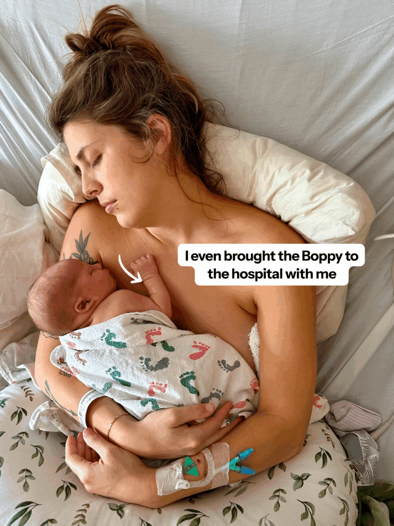 Mother and Baby in Hospital sleeping skin to skin, cuddling on Boppy Nursing Pillow