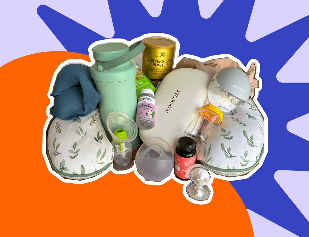 Breastfeeding and nursing products laid out together including a breast pump, milk collectors, nursing bras, and lactation supplements